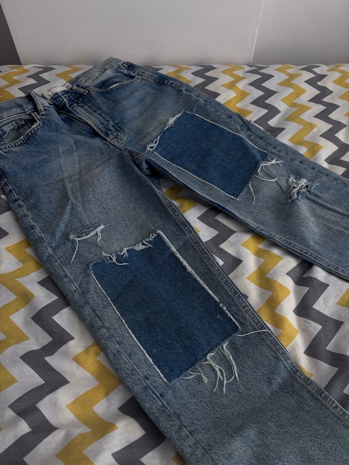 Mavi parçalı Loose Fit Kadın Denim Jean - Görsel 4