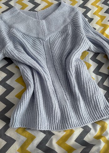 Pudra mavi Triko Kadın Kazak, Salaş, Kayık Yaka - Görsel 3