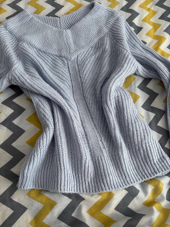 Pudra mavi Triko Kadın Kazak, Salaş, Kayık Yaka - Görsel 3