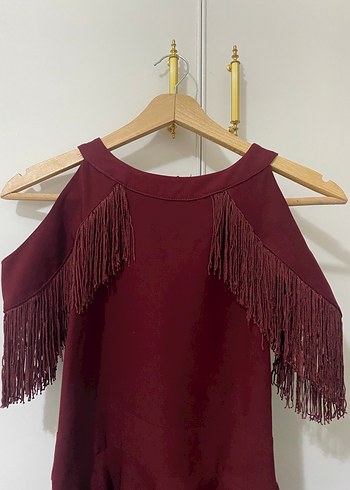 Bordo Püsküllü Uzun Bohem Elbise - Görsel 2