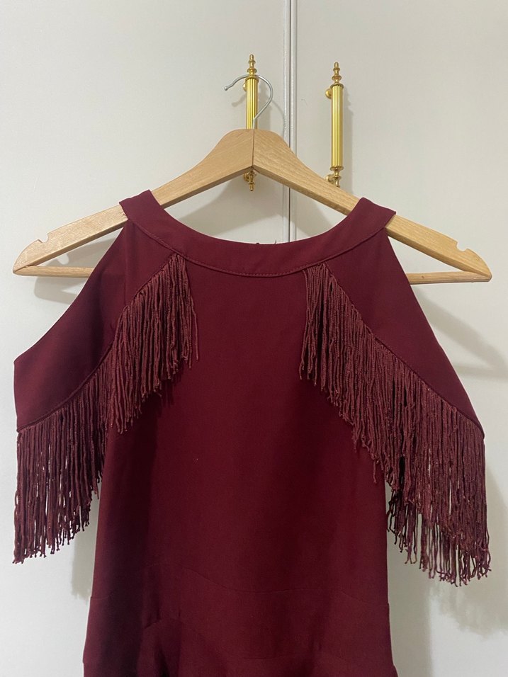 Bordo Püsküllü Uzun Bohem Elbise - Görsel 2