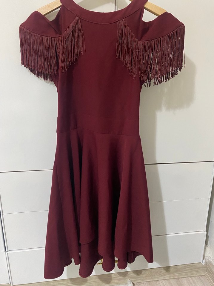 Bordo Püsküllü Uzun Bohem Elbise - Görsel 3