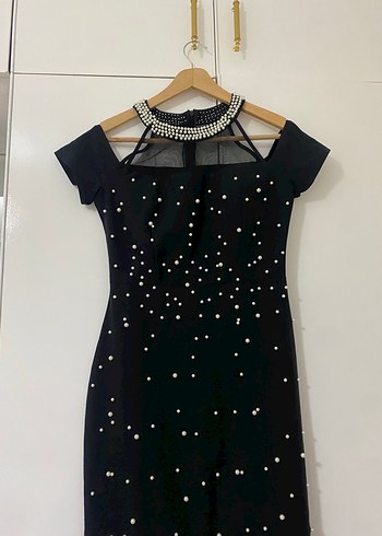 Boncuk İşlemeli Siyah Uzun Abiye Elbise - Görsel 3