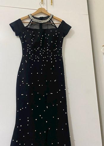 Boncuk İşlemeli Siyah Uzun Abiye Elbise - Görsel 2