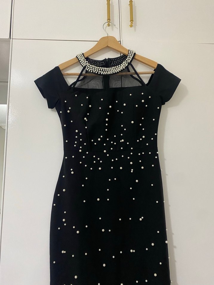 Boncuk İşlemeli Siyah Uzun Abiye Elbise - Görsel 3