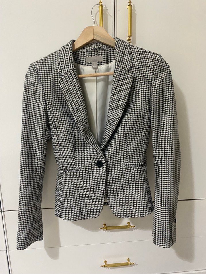 Düğmeli Gri Kareli Kadın Blazer Ceket - Görsel 2