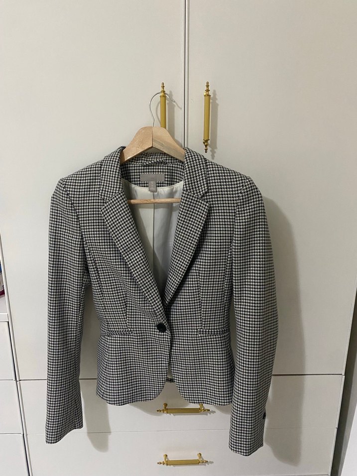 Düğmeli Gri Kareli Kadın Blazer Ceket - Görsel 3