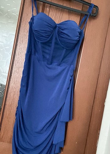 Dantel Detaylı Straplez Mavi Mini Elbise - Görsel 5