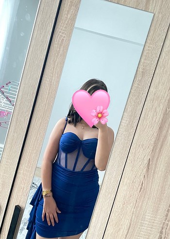 Dantel Detaylı Straplez Mavi Mini Elbise - Görsel 2