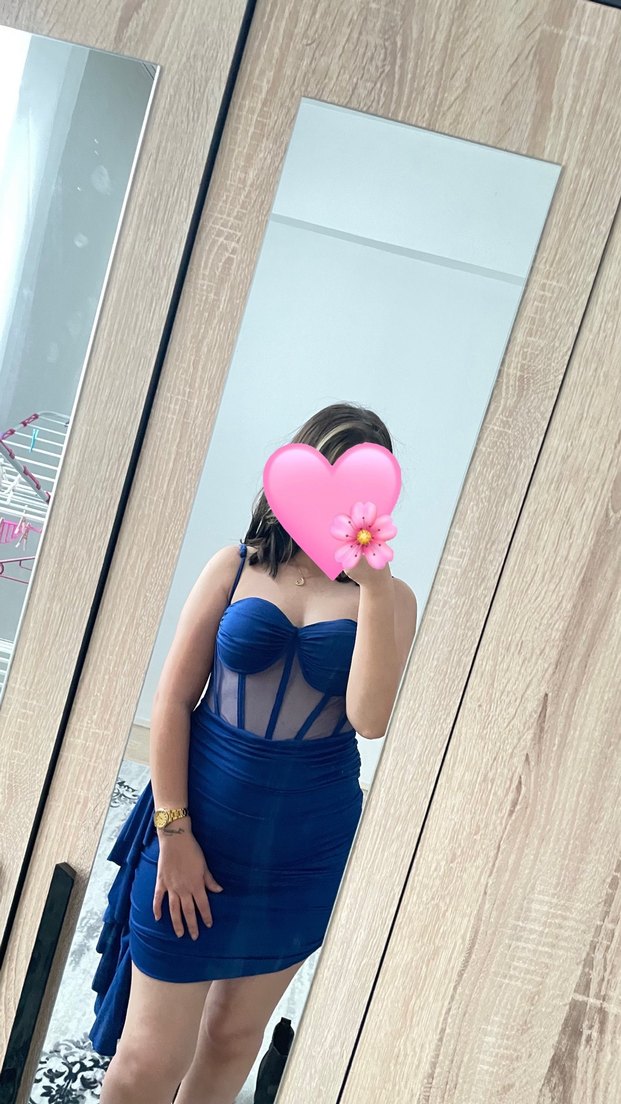 Dantel Detaylı Straplez Mavi Mini Elbise - Görsel 2