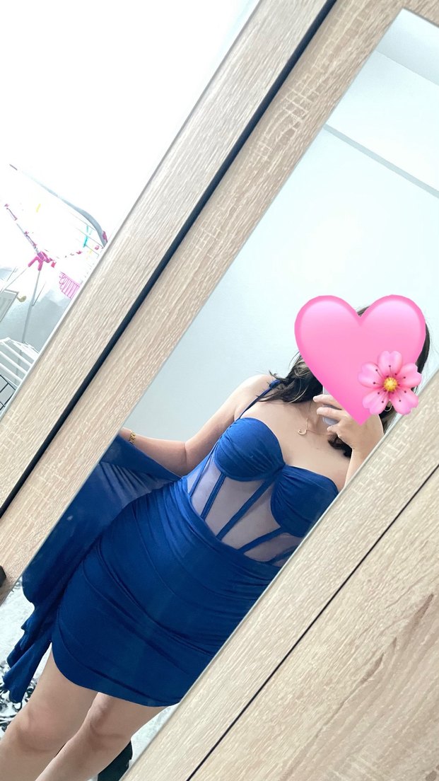 Dantel Detaylı Straplez Mavi Mini Elbise - Görsel 4