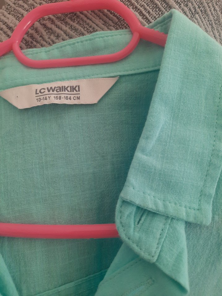 Turkuaz Kısa Kollu Keten Gömlek - Görsel 3