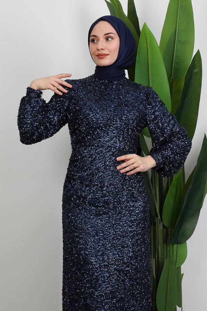 Lacivert Yılan Desenli Uzun Abiye Elbise - Görsel 2