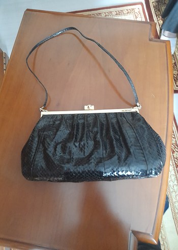 Siyah Yılan Derisi Desenli Vintage Deri Çanta - Görsel 2