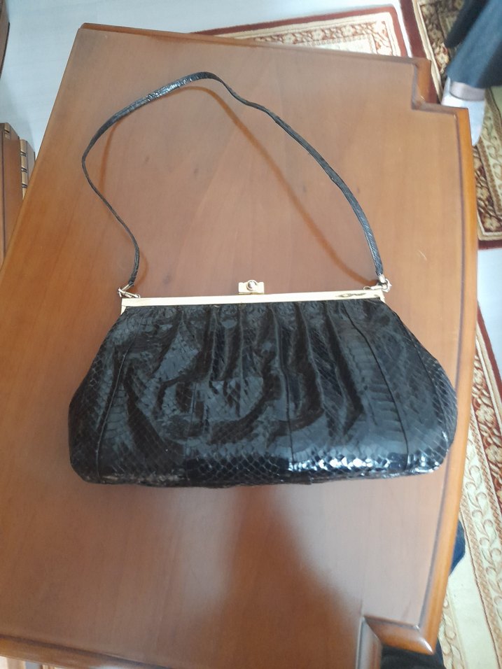 Siyah Yılan Derisi Desenli Vintage Deri Çanta - Görsel 2