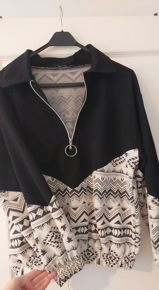 Bohem Uzun Kollu V Yakalı Fermuarlı Sweatshirt - Görsel 4