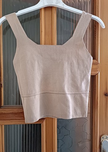 Bej Keten Mini Kadın Kalın askılı krop - Görsel 2