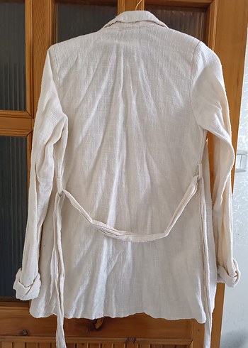 Düğmeli Beyaz Keten Midi Kadın Ceket - Görsel 2