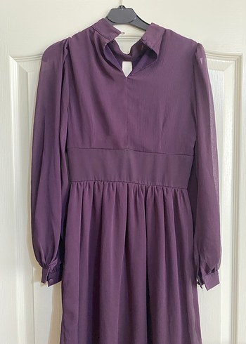 Mor Uzun Kollu V Yakalı Kadın Elbise - Görsel 2