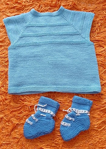 Mavi Erkek Bebek Örgü Yelek ve Patik Seti - Görsel 2