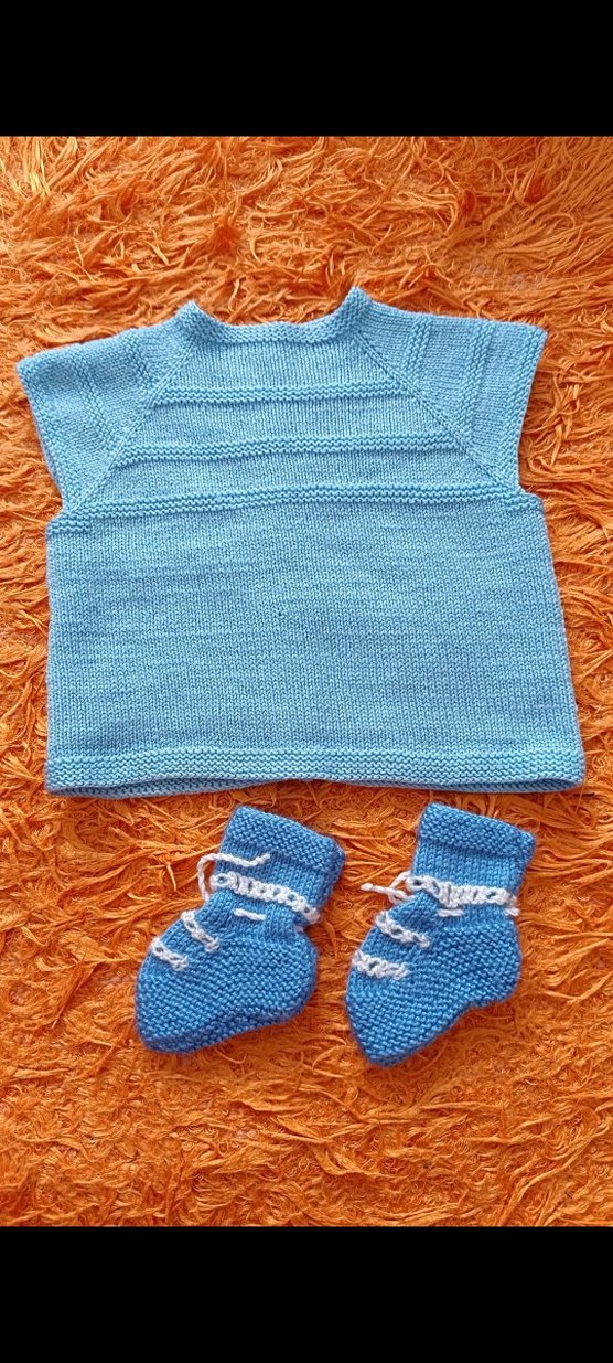Mavi Erkek Bebek Örgü Yelek ve Patik Seti - Görsel 2