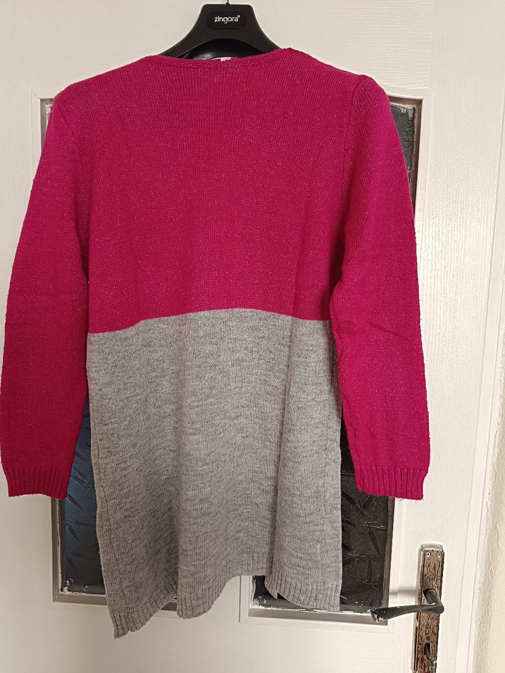 Gri-Pembe Renkli Kadın Triko Hırka - Görsel 2