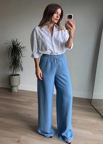 Mavi Bol Kesim Kot Pantolon - Görsel 4