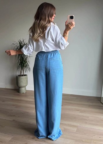 Mavi Bol Kesim Kot Pantolon - Görsel 5