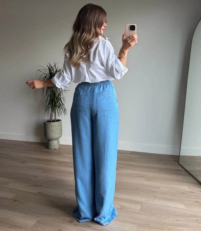 Mavi Bol Kesim Kot Pantolon - Görsel 5