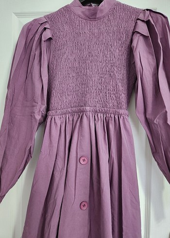 Düğmeli Uzun Mor Keten Elbise - Görsel 2