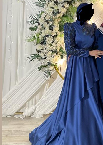 Uzun Kollu, Drapeli Mavi hennin Abiye Elbise - Görsel 2