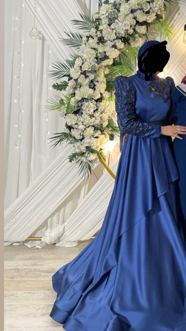 Uzun Kollu, Drapeli Mavi hennin Abiye Elbise - Görsel 2