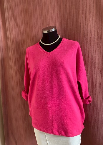 Pembe V Yaka Rahat Kadın Kazak - Görsel 3