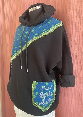 Nakışlı Kapüşonlu Kot Sweatshirt - Görsel 2