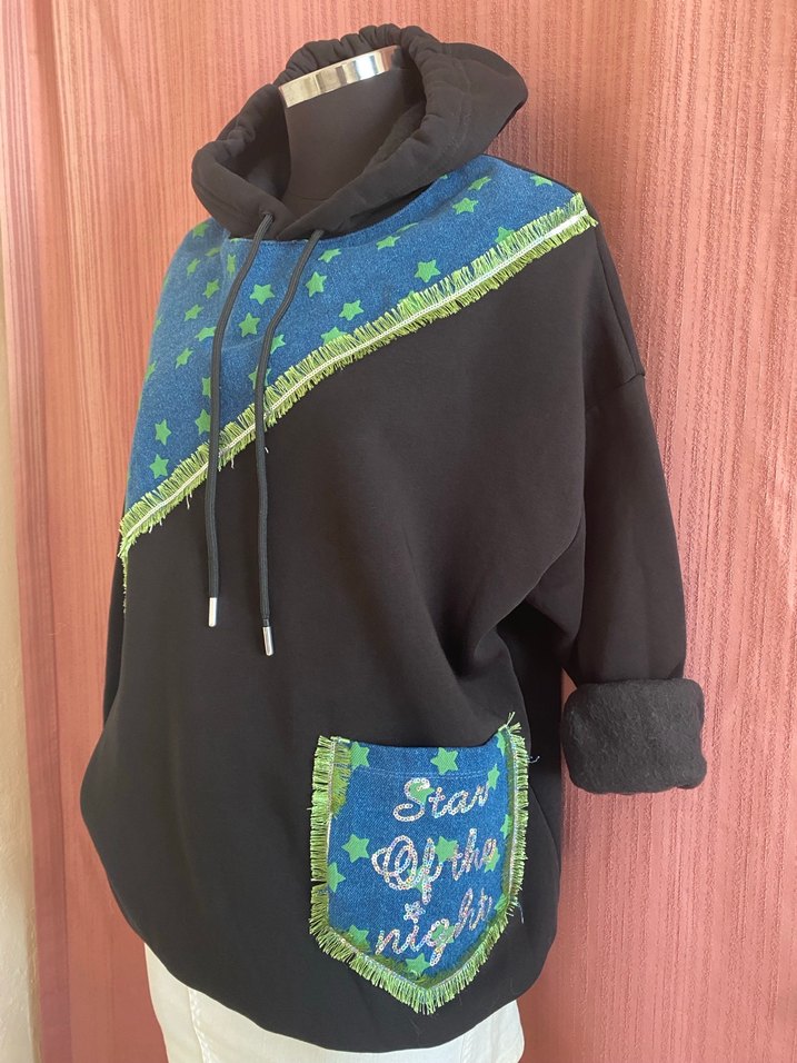 Nakışlı Kapüşonlu Kot Sweatshirt - Görsel 2