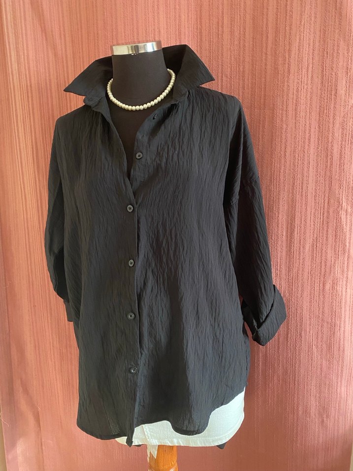 Siyah Keten Kadın Gömlek, Düğmeli, Salaş Kesim - Görsel 4