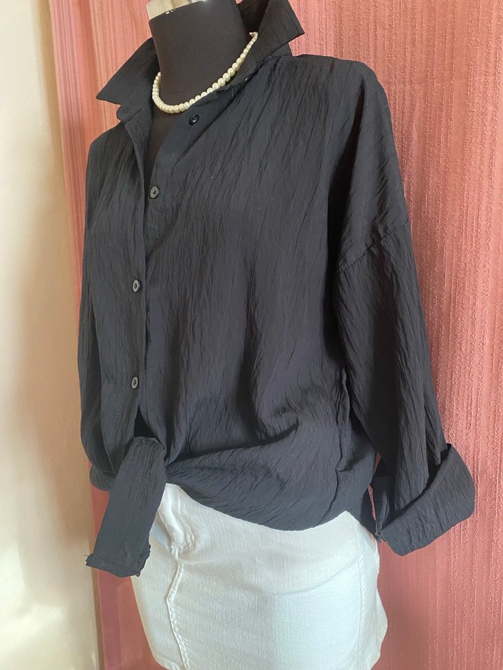 Siyah Keten Kadın Gömlek, Düğmeli, Salaş Kesim - Görsel 2