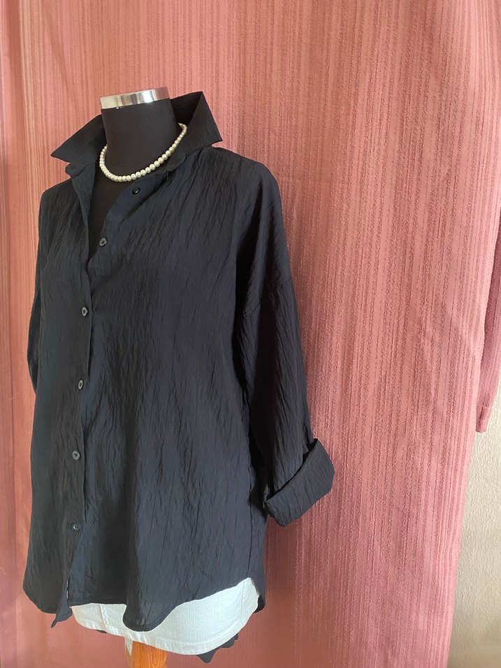 Siyah Keten Kadın Gömlek, Düğmeli, Salaş Kesim - Görsel 3