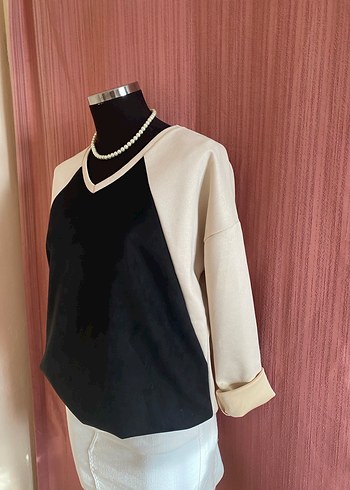 Siyah Bej Süet Salaş Sweatshirt - Görsel 3