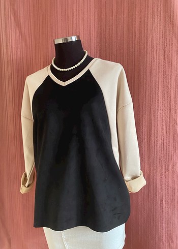 Siyah Bej Süet Salaş Sweatshirt - Görsel 5