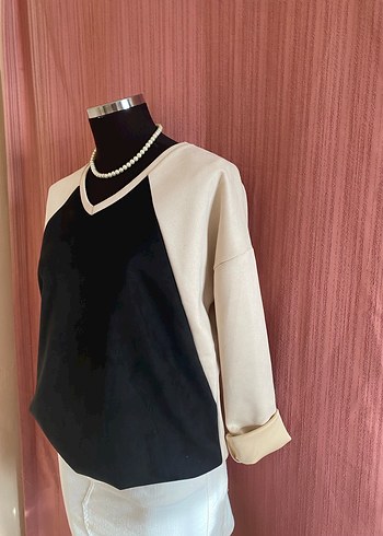 Siyah Bej Süet Salaş Sweatshirt - Görsel 2