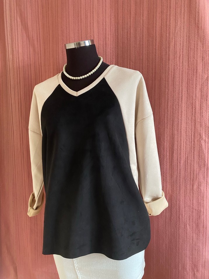 Siyah Bej Süet Salaş Sweatshirt - Görsel 5