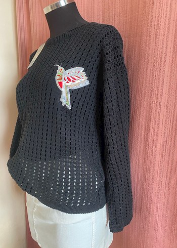 Nakışlı Siyah Örgü Kadın Kazak - Görsel 4