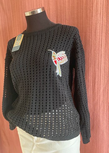 Nakışlı Siyah Örgü Kadın Kazak - Görsel 2