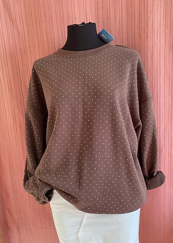 Kadın Kahverengi Puantiyeli Pamuklu Sweatshirt - Görsel 4