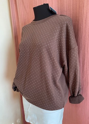 Kadın Kahverengi Puantiyeli Pamuklu Sweatshirt - Görsel 2