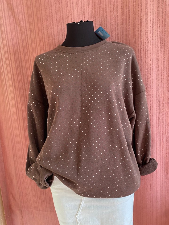 Kadın Kahverengi Puantiyeli Pamuklu Sweatshirt - Görsel 4