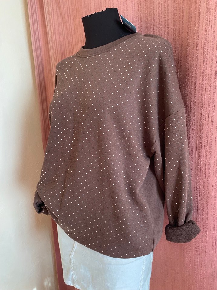 Kadın Kahverengi Puantiyeli Pamuklu Sweatshirt - Görsel 2