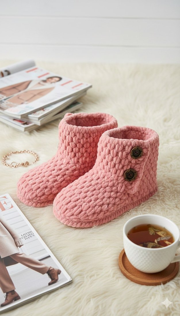 Kızlar için Pembe Örgü Sıcak Panduf - Görsel 2