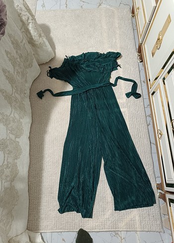 Parlak Yeşil Pilili Uzun Kadın Tulum - Görsel 2